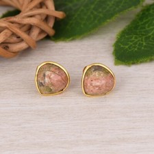 Heart Shape Gold Plated Stud Tops Earring Unakite Stone 925 Silver Jewelry Gift