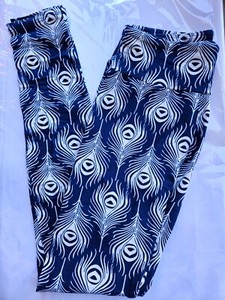 Lularoe Leggings OS Navy Blue and White Peacock Rare Unicorn Teen Womens Pants