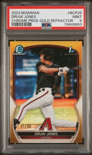 Druw Jones 2023 Bowman Chrome Prospects Gold Refractor #BCP25 1/50 PSA 9