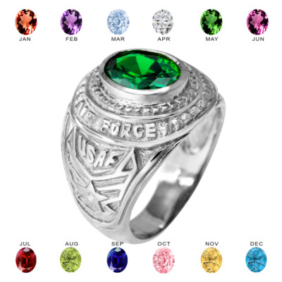 Sterling Silver US AIR FORCE Men's CZ Birthstone Ring