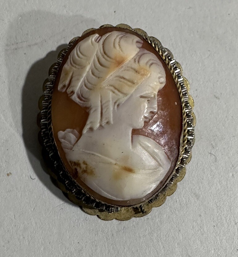 Antique stamped 800 silver gold filled genuine carved shell cameo