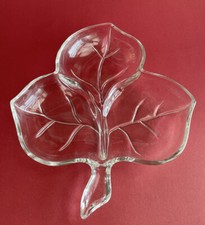 Hazel Atlas DISH Condiment Snack Candy Clear Glass Maple Leaf Divided Vintage