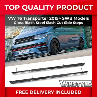 VANSTYLE FITS VW T6 6.1 TRANSPORTER 15> SWB 76MM GLOSS BLACK STEEL SIDE BARS 4 PAD STEP