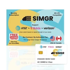 SIMGR 4G Data-Only Prepaid SIM | 300MB | Compatible with AT&T, T-Mobile, Verizon