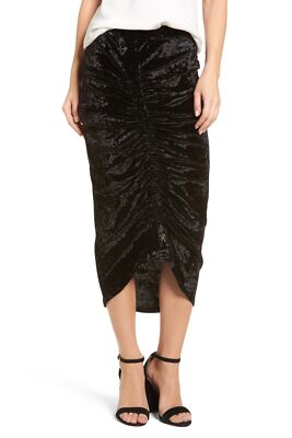 Trouve 161160 Women's Velvet Ruched Front Midi Skirt Solid Black Sz. Medium