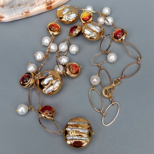 21" Cultured White Biwa Pearl Brown Murano Glass Chain Pearl Y-Drop Necklace - Afbeelding 1 van 6