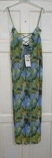ZARA BLUE GREEN PRINTED PLEATED CAMISOLE MIDI DRESS WITH RUFFLE TRIMS SIZE S NEW