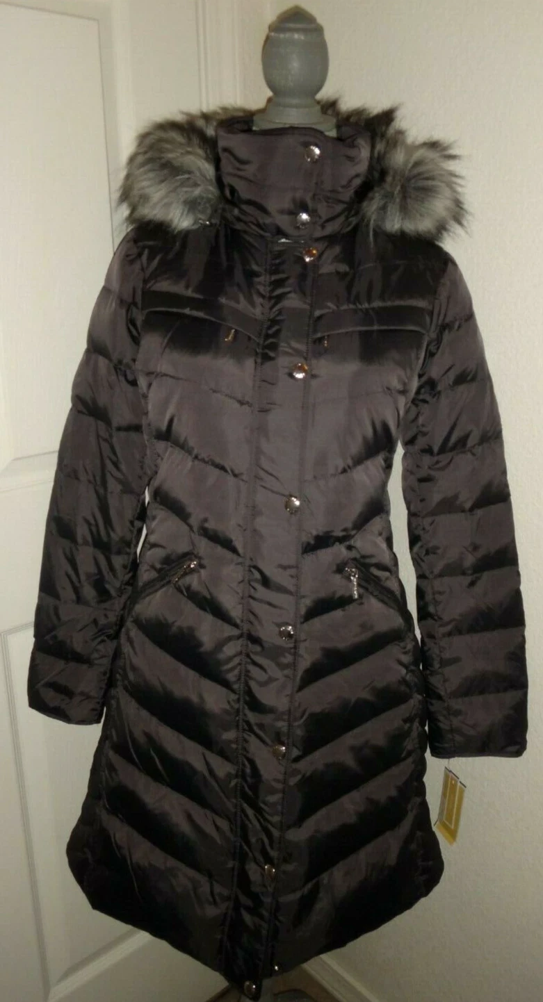 MICHAEL KORS Gunmetal DOWN Puffer cappotto invernale pelliccia sintetica orlo cappuccio taglia S M L