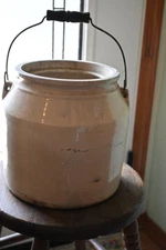 Antique Primitive Extra Large Salt Glaze Stoneware Crock With Metal heavy