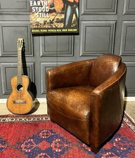 Vintage Timothy Oulton Halo Art Deco Distressed Tan Leather Club Chair Armchair