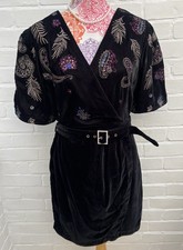 New Monsoon Dress UK 22 Black Velvet Patrice Paisley Short Faux Wrap Embroidered