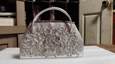 VTG Silver Satin Beaded Floral Embroidered Evening Clutch Handbag Very Elegant