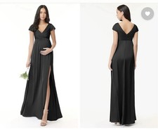 Azazie Stretch A-Line Pleated Stretch Satin Floor-Length Dress black Size S