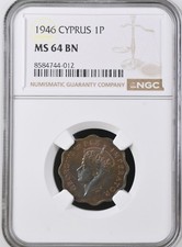 CYPRUS 1 piastre 1946 in UNC graded by NGC as MS64BN
