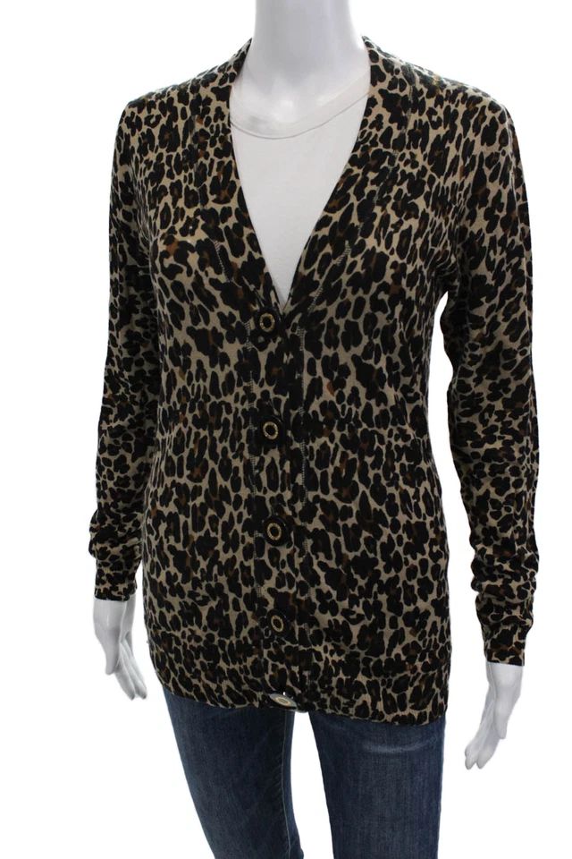Tory Burch Women Beige Wool Animal Print V-Neck Button Cardigan Size S - Image 3 of 4