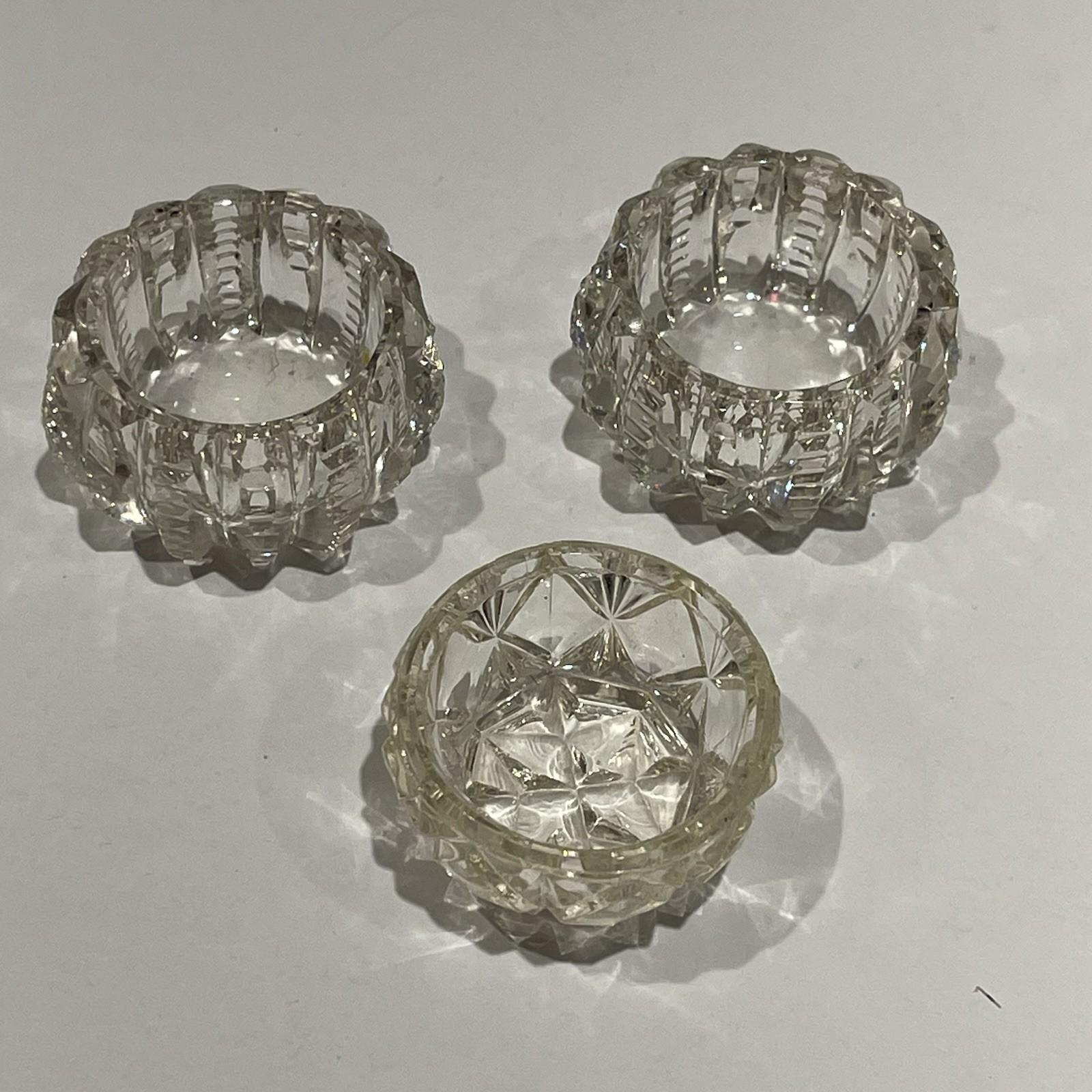 3 Mismatched Vintage Cut Crystal Glass Salt Cellars Dips Dishes Lot EUC