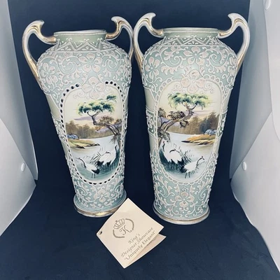 Antique Nippon Hand Painted Moriage Scenic Crane Vase Pair Green Gold Japan 13” - Image 1 of 4
