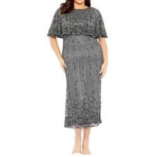 NWOT Mac Duggal Womens Gray Beaded Embellished Capelet Midi Dress Size 14W
