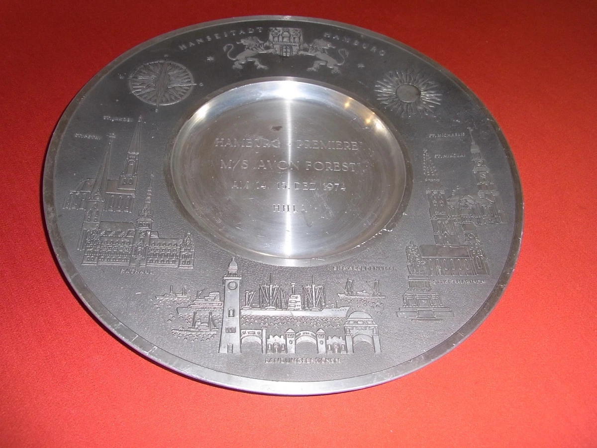 Röders Soltauer Zinn Wandteller Teller Hamburg Graviert HHLA MS Avon Forest 27cm