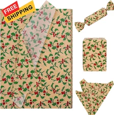 Whaline 100 Sheets Christmas Tissue Paper Red Berries Holly Leaves Red, Brown 