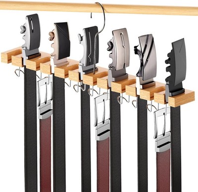 Wooden Belt & Tie Rack for Closet   42 Slots, 360° Hooks, Wall Mount Hanger