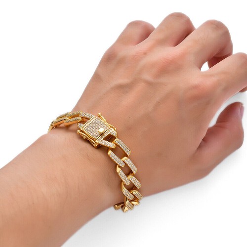 14mm Herren Miami Cuban Link Iced Flooded Zirkonia Armband Halskette A9276 - Bild 1 von 19