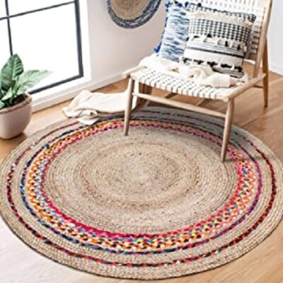 Rug Round Natural Jute & Cotton Reversible Carpet Living Entryway Area Rag Rug