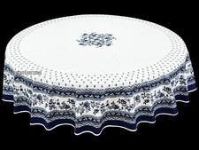 French Provencal Coated Tablecloth Flowers Blue & White 71" Made in France