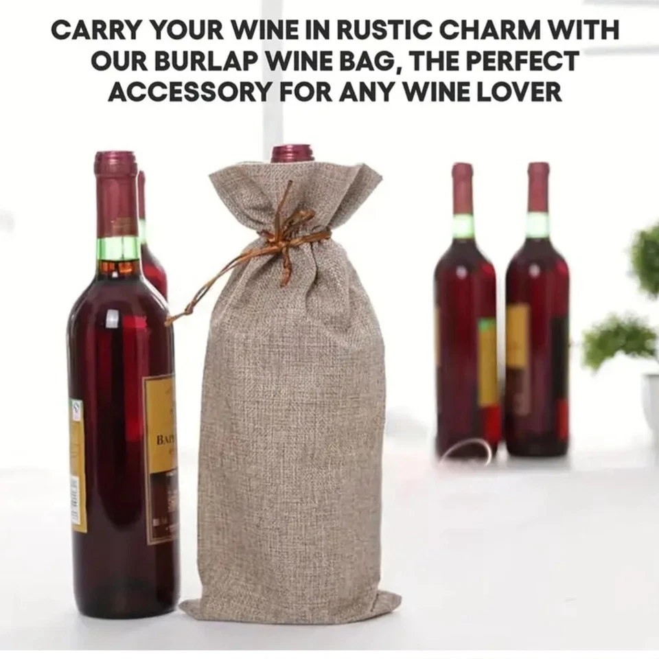 Juego de bolsas de regalo de arpillera botella de aceite de oliva de vino con cordón y etiquetas color a elección Foto 3 de 4