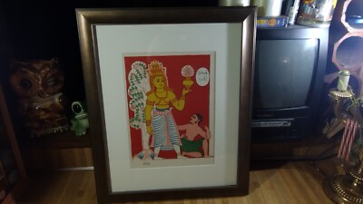 Indian Pantheon Framed 1938 Colored Lithograph Brihaspati Picture,Italy!