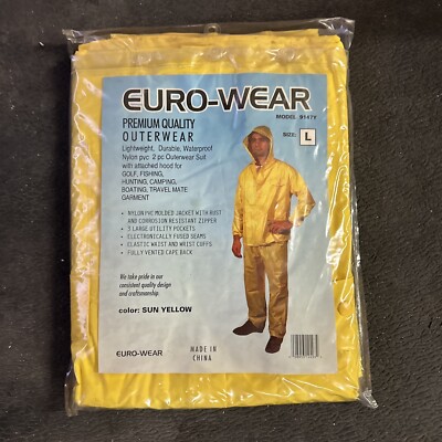 Euro-Wear Sun Yellow  2 Piece Rain Suit Hooded Jacket & Pants - Large New