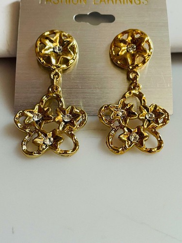 Classy Gold Plated Diamanté Flower Dangal Drop Earrings - Picture 4 of 5