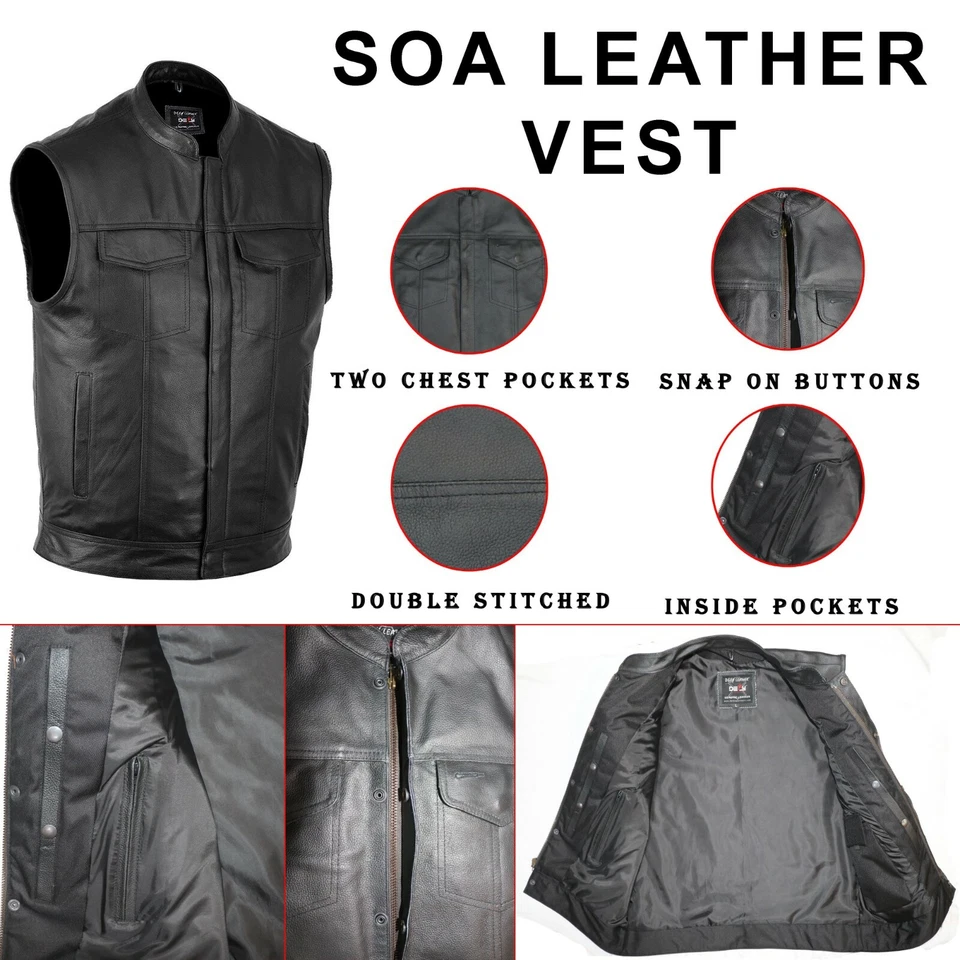 Chaleco de cuero DEFY™ SOA para hombre motocicleta club brazos ocultos espalda lisa  Foto 4 de 4