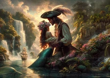 Romantic Mermaid and Pirate Art Print Fantasy Ocean Love Mythology Decor L41