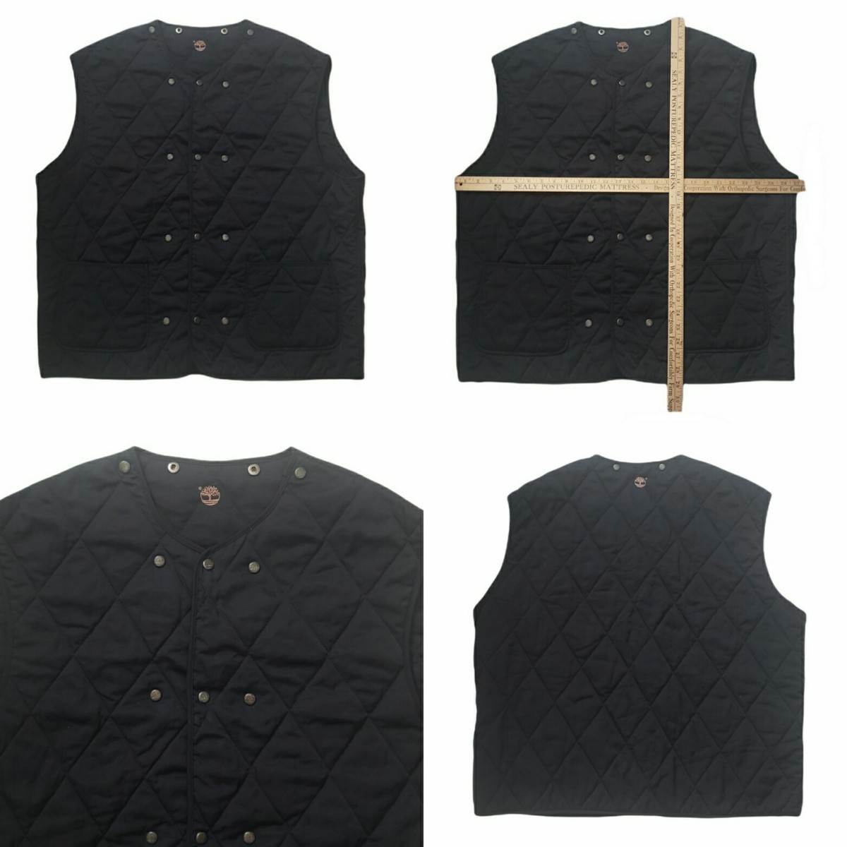 VTG 90s Timberland Vest Jacket Black quilt style Snap on Signature