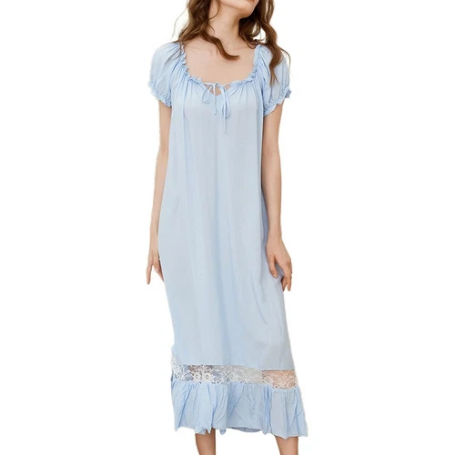 Camisón de mujer princesa manga corta cuello cuadrado algodón suave vestido largo para dormir - Imagen 18 de 34