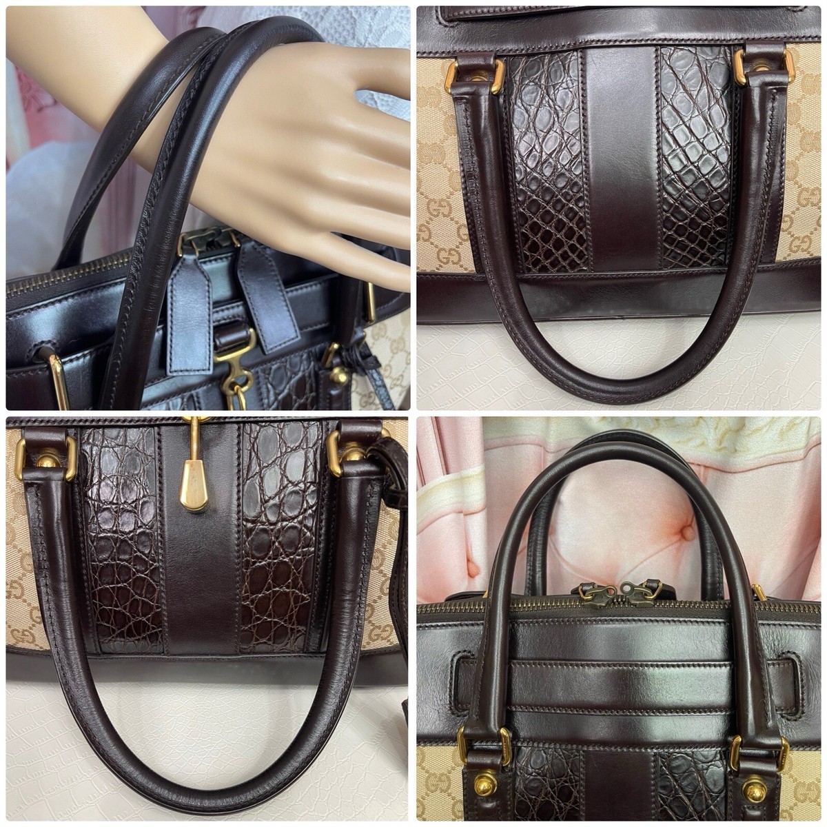 Gucci Monogram Crocodile Web Secret Top Handle Satchel Brown
