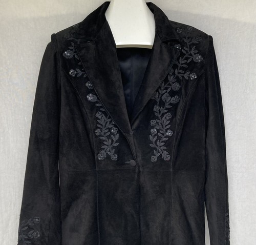 Scully Suede Leather Jacket Coat Black Embroidered Flowers Sequined Womens 8 - Picture 2 of 16