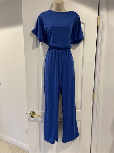 Short Sleeve Blue Jumpsuit Overall Size M Romper Straight Leg Pants Ankle - Picture 1 of 12