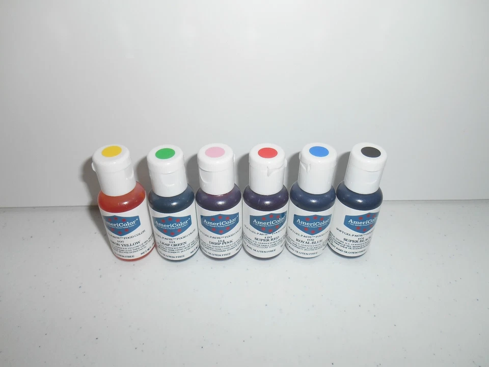 Kit de 6 pasta de gel suave AmeriColor color de alimentos glaseado de pasteles negro azul amarillo rojo Foto 2 de 4