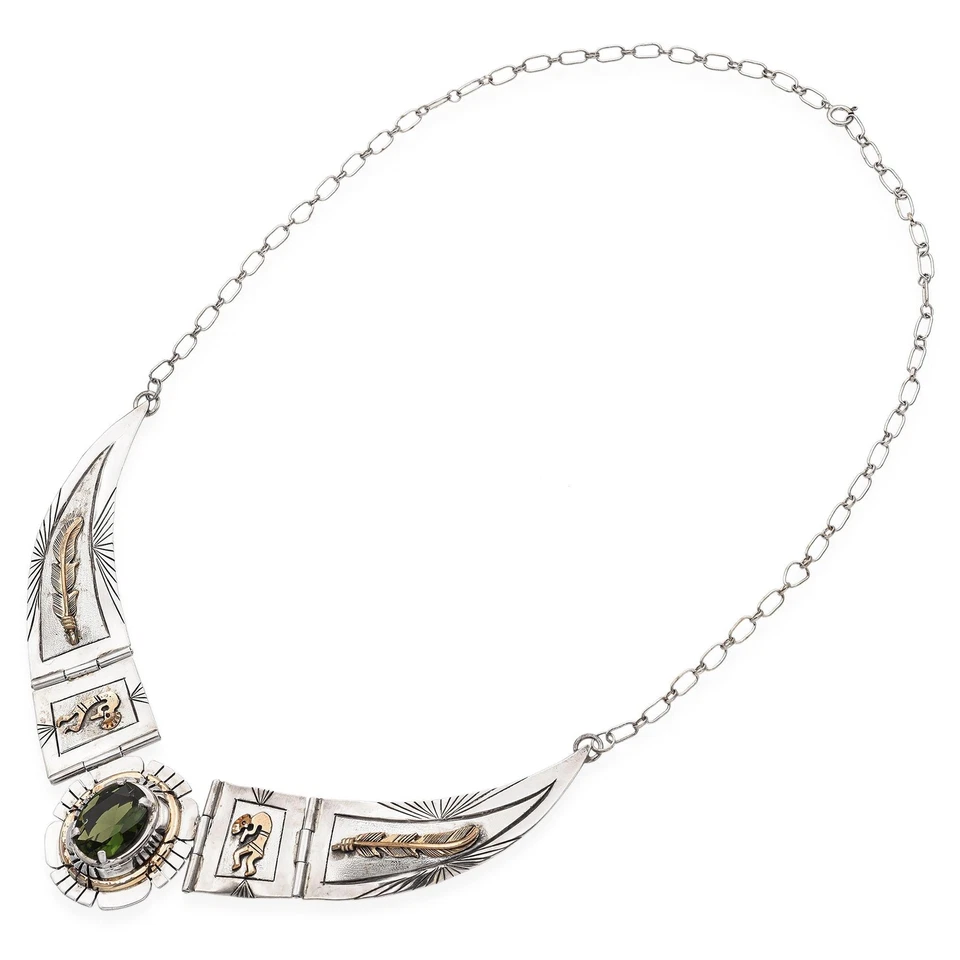 Vintage Russell Sam Navajo Kokopelli Peridot Sterling Silver Statement Necklace - Image 2 of 4