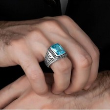 Men's Aquamarine Ring Solid 925 Sterling Silver Handmade Jewelry All Size