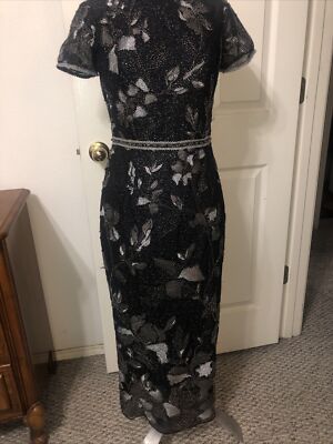 Marchesa Notte Metallic Embroidered Tulle Beaded Midi Dress