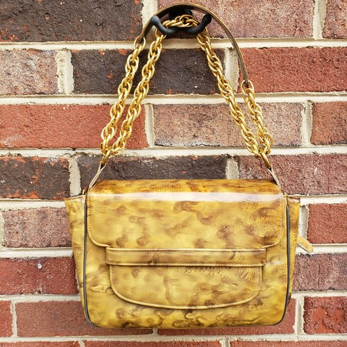 Vintage Patent Leather Purse Robert Bestien Bestcraft Marbled Mustard Gold Chain - Picture 15 of 17