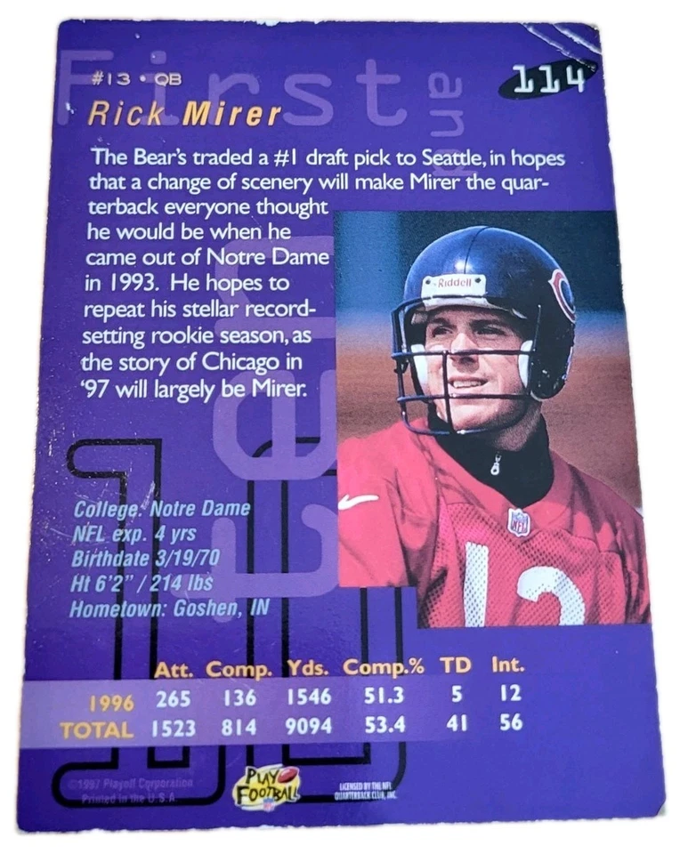 1997 Playoff First & Ten Football Card #114 Rick Mirer Chicago Bears (O1 - Image 2 of 2