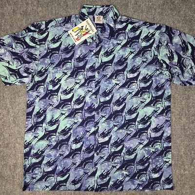NWT Vintage Rum Reggae Mens 1X Mantaman Shirt Scuba Diver Manta Art Blue Cotton