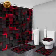 4Pcs Black Red 3D Shower Curtain Set Bathroom Rug Mat Hooks Waterproof Set