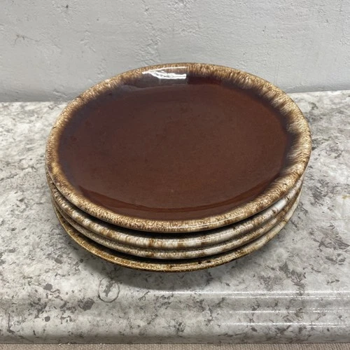 Vtg  MCM Hull Pottery Brown Drip 10 1/2" Plates Set of 4 Oven Proof USA Nice