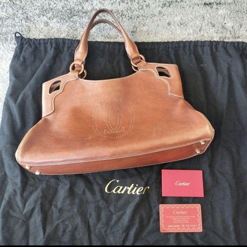 Cartier Marcello Tote Bag Leather Brown Gold Hardware Used