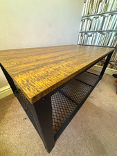 Industrial Rectangular Coffee Table, Wood Grain Top, Black Mesh Shelf 107x60x45